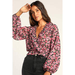 Lulus Floral Report Black Floral Print Ruffled Long Sleeve Top - Size L